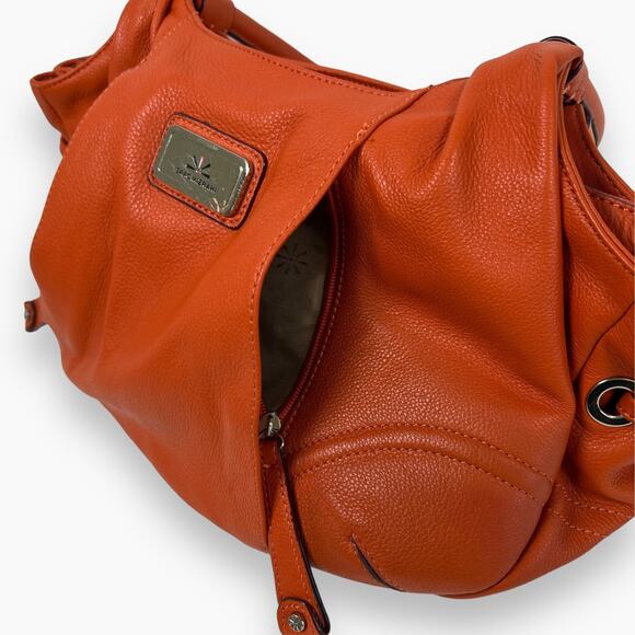 Isaac Mizrahi Leather Handbag Orange Satchel Zip Close Handles Inner Pockets - Picture 7 of 14